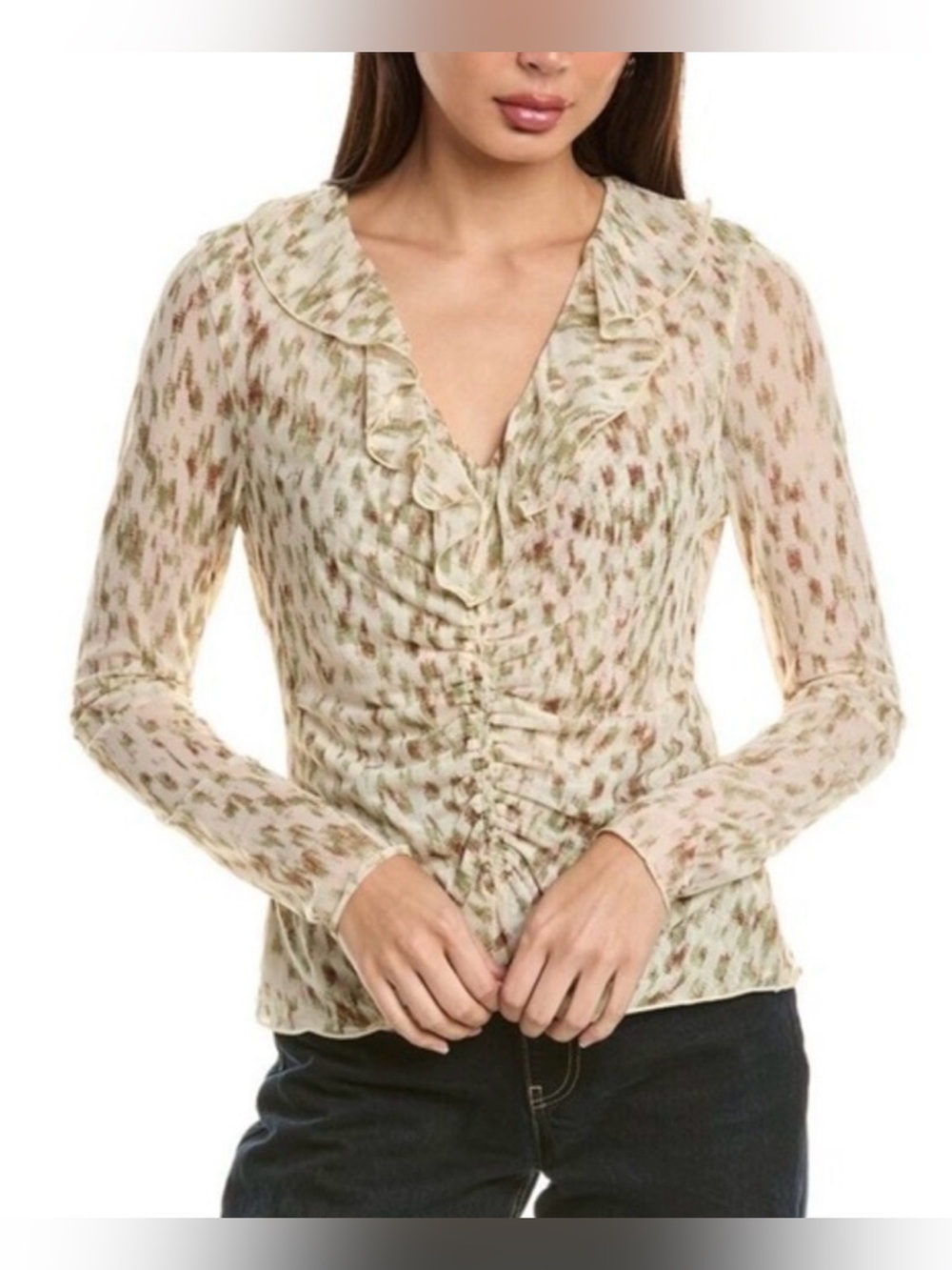 Cabi Semi-Sheer Top, Sz. S, Beige/Brown/Green, V-Neck, Ruffle & Ruching